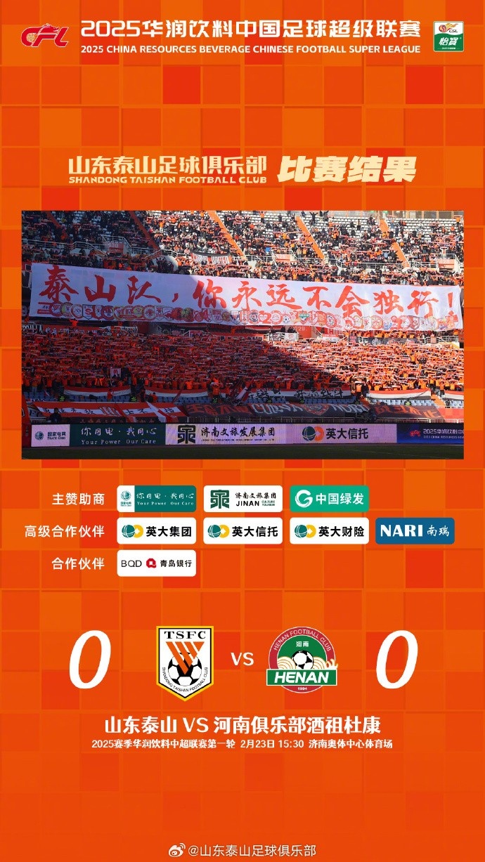 中超首戰(zhàn)，泰山隊(duì)雖未取勝，但全隊(duì)展現(xiàn)出了頑強(qiáng)的拼搏精神