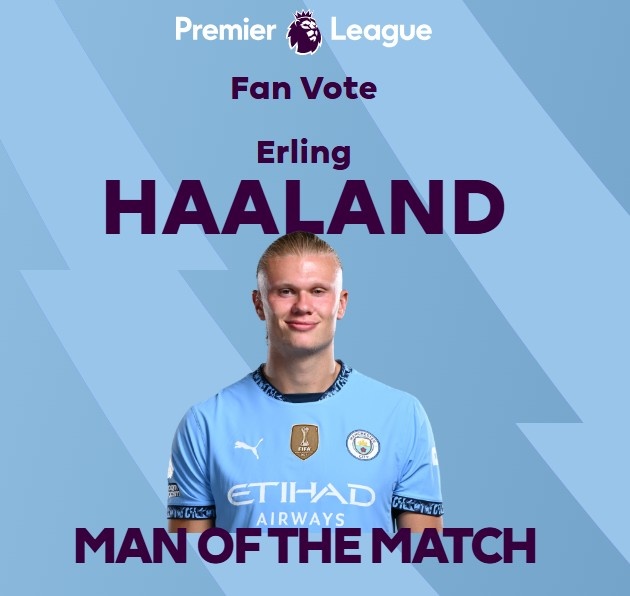 打進致勝球！英超官方：哈蘭德當(dāng)選曼城1-0熱刺全場最佳球員