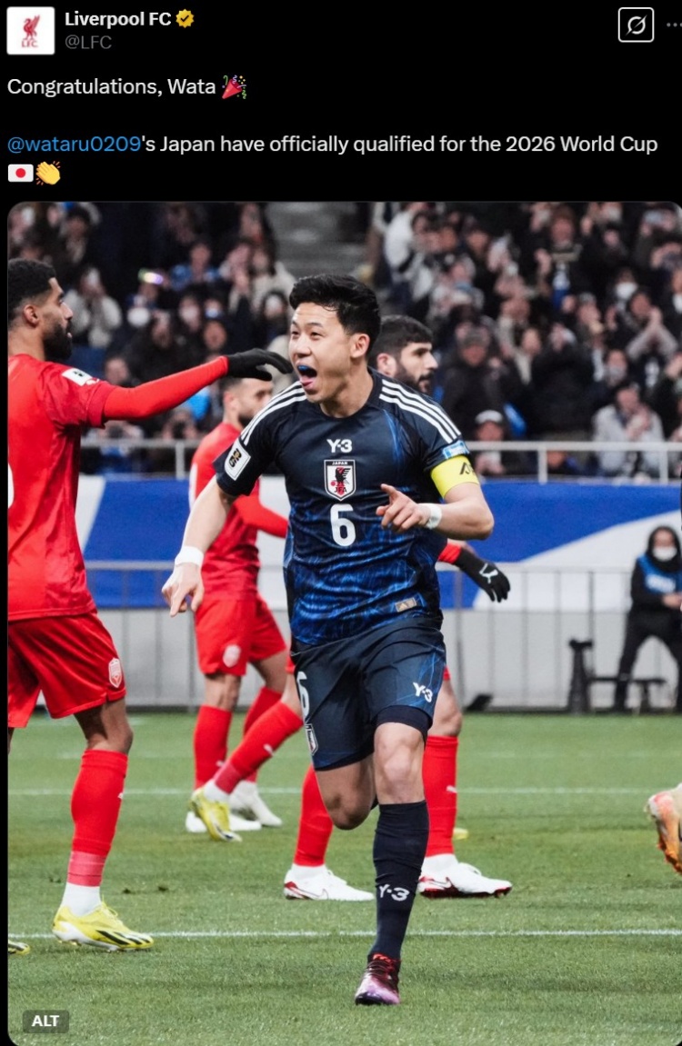 利物浦官推曬遠(yuǎn)藤航照片，祝賀其隨日本隊提前晉級世界杯